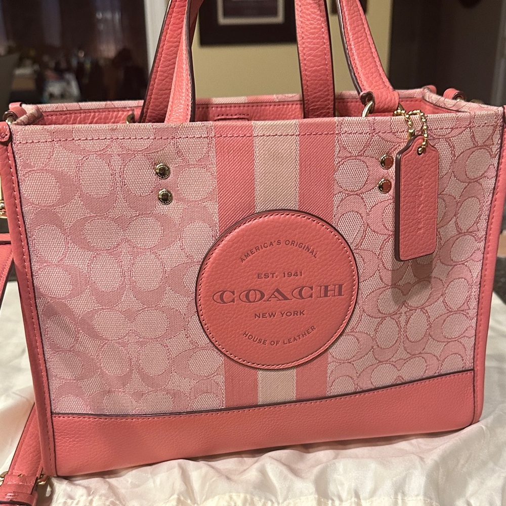 Coach Dempsey Pink Signature Jacquard and Leather Tote C8448